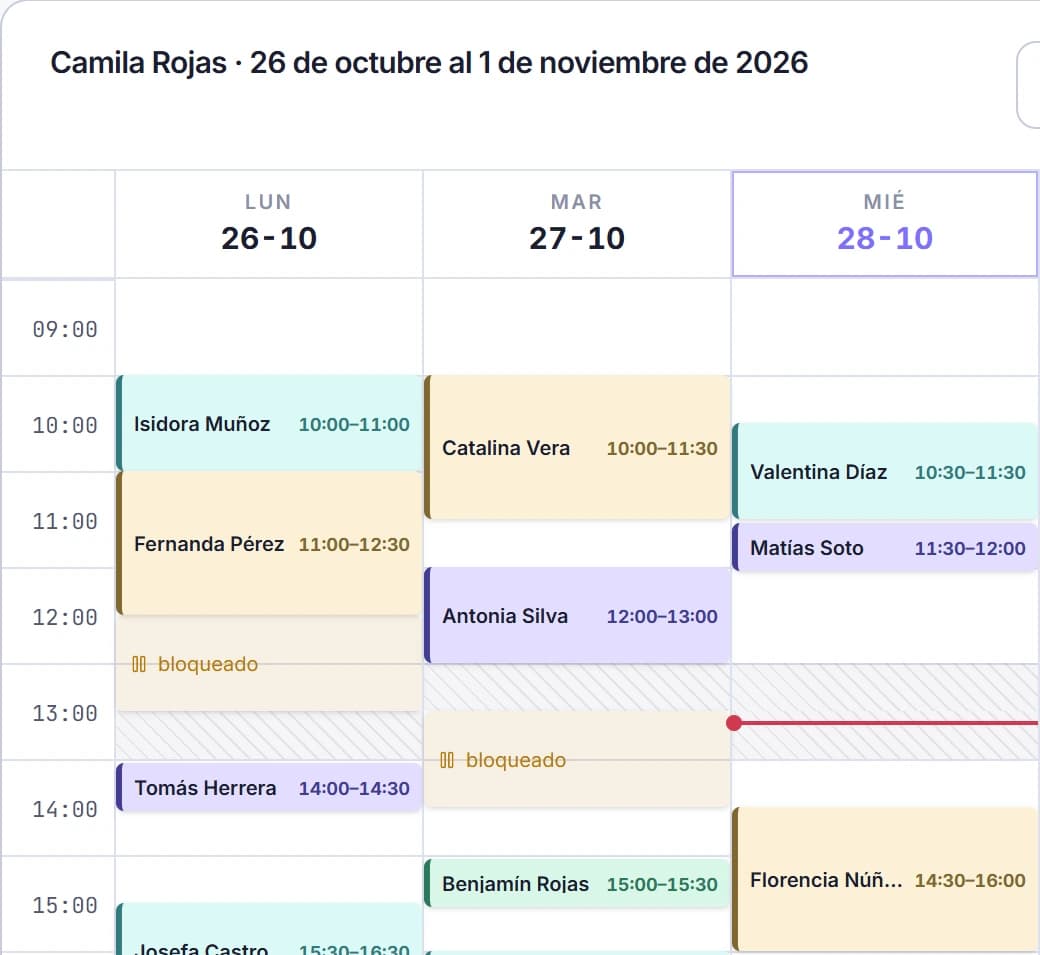 Agenda semanal de BookySmart con reservas y horas disponibles