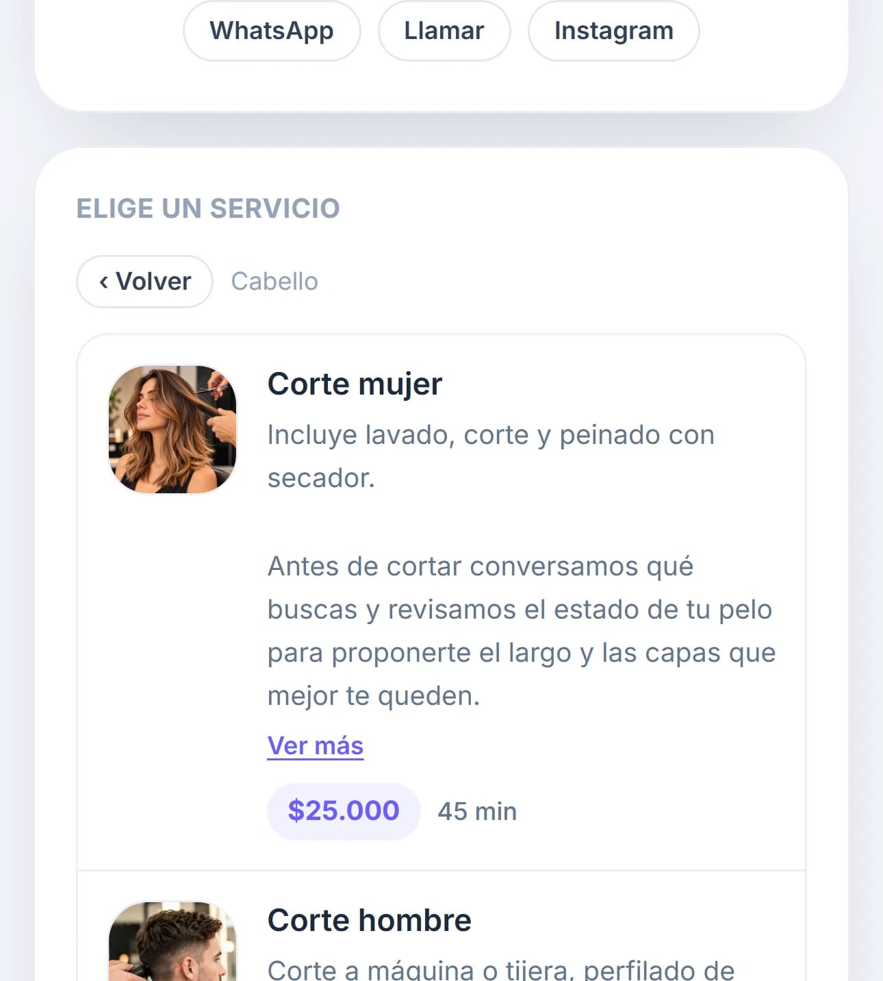 Página de reservas que ven tus clientes